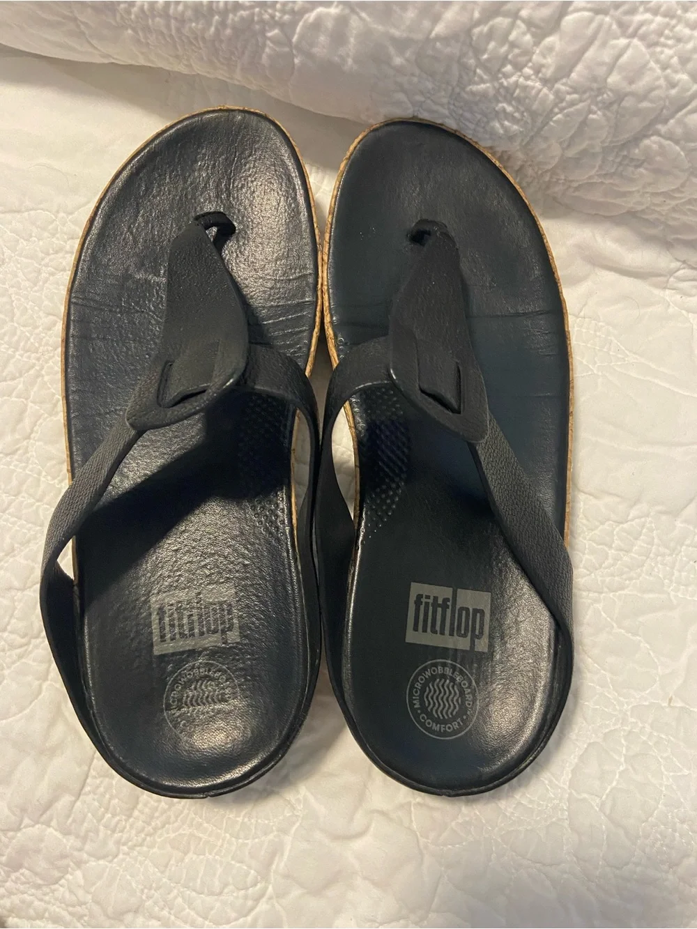 FitFlop ibiza size 8 Black Cork Wedge Thong Sandals - Sleek Leather Straps
